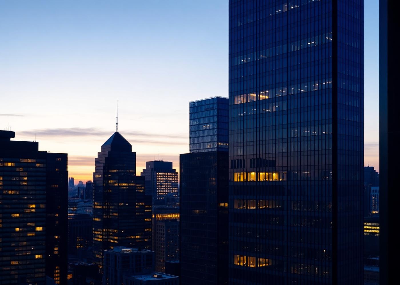 Financial district skyline at dusk